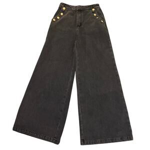 Free Market Womens Wide Leg Jeans Washed Black Gold Button Pockets Size Medium